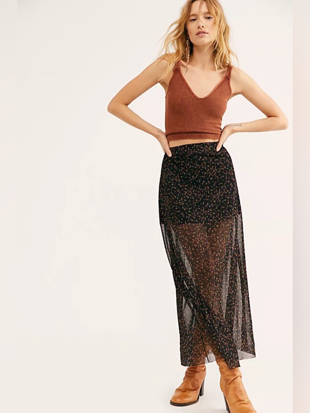 Black Floral Free People Seven Wonders Maxi Skirt